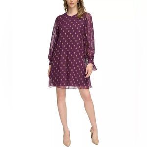 Calvin Klein Tie Cuff Long Sheer Balloon Sleeve Mini Dress Purple Gold Sz 6 NEW
